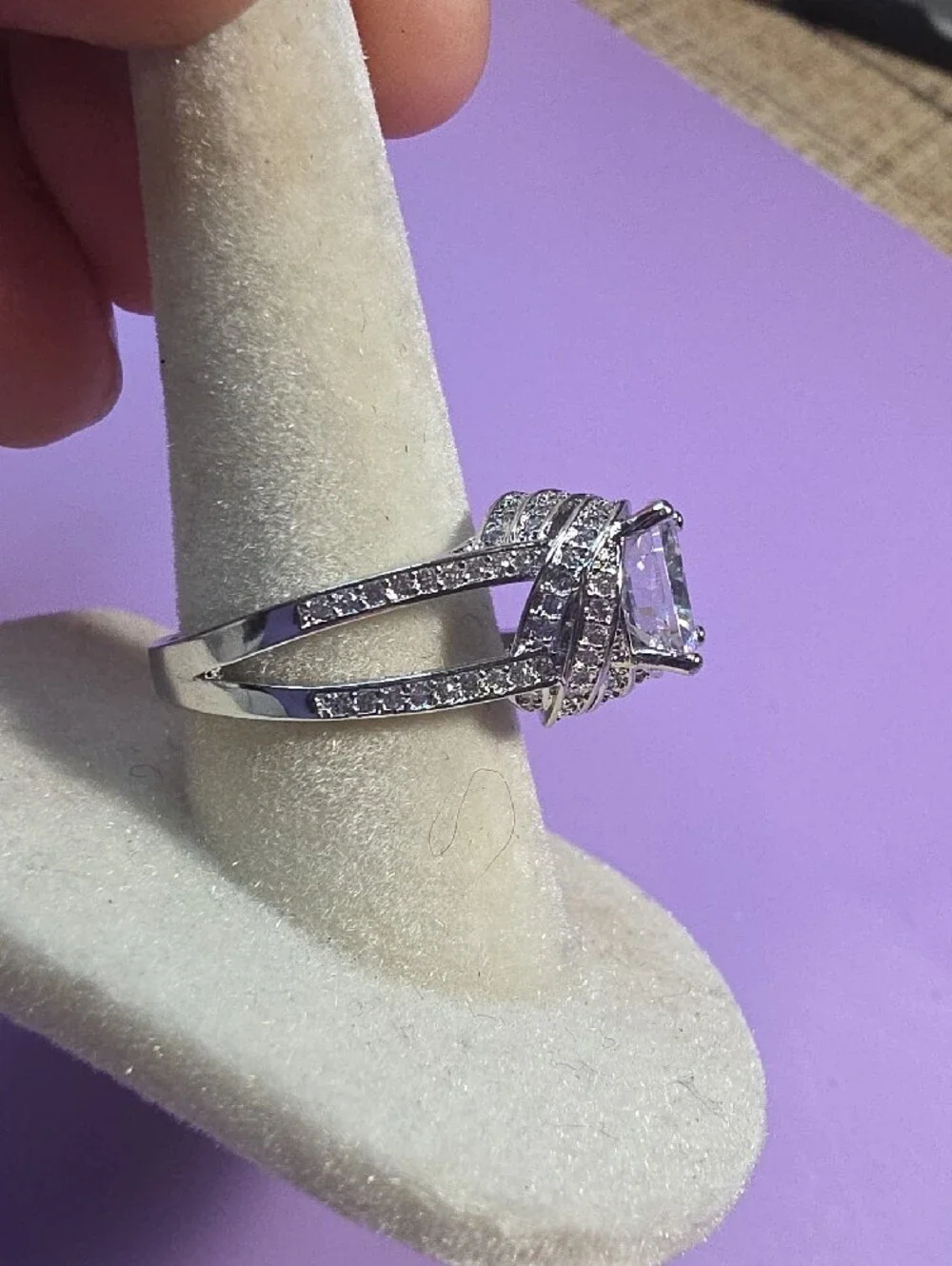 Silver Halo Ring with Large White Cubic Stone